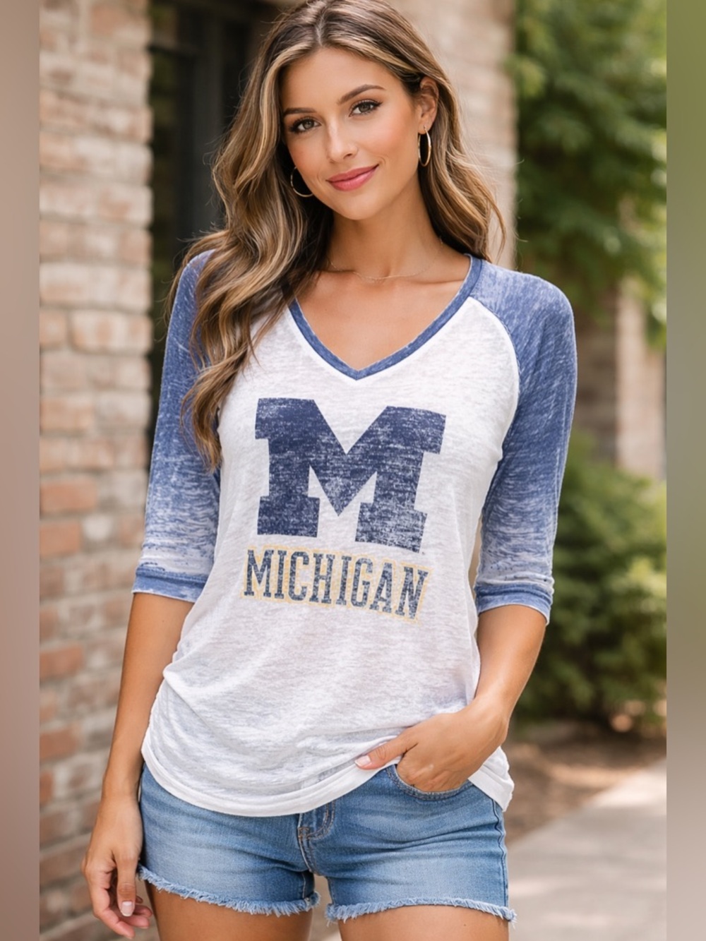 Michigan Wolverines Womens Burnout V Neck Raglan Shirt Large 12/14 Blue White